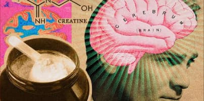 Illustration of a brain with chemical formulas and a container of creatine powder in the foreground, with the headline “Yes, creatine can counteract stress and lost sleep” and source label “NTD.”