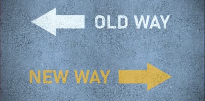 Concrete background with arrows pointing in opposite directions labeled “OLD WAY” and “NEW WAY,” alongside the headline “How Should Scientific Focus Change In 2026? Researchers Weigh In” and source label “Clinical Leader.”